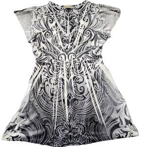 Energe World Wear Black White Floral Shirt Fitted Bodycon Stretch Top Women's M